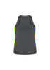 A women's singlet in dark grey with bright green side panels and a logo on the back.