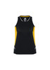 A black and yellow women's singlet featuring a logo, with a fitted design and contrasting side panels.