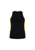 A black women's singlet featuring yellow side panels and a logo. Ideal for activewear and casual outings.