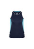 A navy singlet with light blue side panels, featuring a logo and a sporty design.