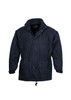 A black unisex puffer jacket featuring a zip and button closure, adjustable cuffs, and a collar. It has a logo.