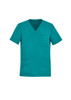 A teal men's V-neck scrub top featuring a pocket and a logo. 