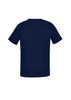 Navy V-neck scrub top featuring short sleeves and a simple design, with a branding logo present.