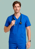 A men's V-neck scrub top in bright blue, featuring a chest pocket and paired with a stethoscope.