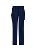 Navy blue women's straight leg scrub pants featuring side pockets and a drawstring waistband. Includes branding.