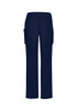 Navy women's straight leg scrub pants with two side pockets and an elastic waistband. Features a logo.