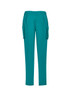 Teal women's slim leg scrub pants with side pockets and an elastic waistband. Features a logo on the waistband.