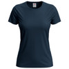 A women's classic T-shirt in dark navy blue, featuring a round neckline and short sleeves with a logo.