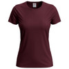 A maroon women's classic T-shirt with short sleeves and a round neckline, featuring a logo on the label.