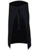 A black short waist apron with a tie closure at the waist, featuring an open front design.