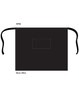 A black short waist apron with ties and a pocket, measuring 84cm x 69cm, featuring a logo.
