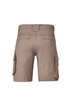 Curved cargo shorts in a light khaki colour, featuring multiple side pockets and a rear design view.