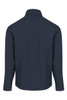 A soft shell jacket in navy blue with a collar and long sleeves, featuring a logo on the back.