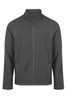 A soft shell jacket in charcoal grey featuring a zip front and two side pockets. It has a logo on the chest.