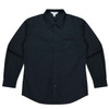 A long-sleeve button-up shirt in black with a chest pocket and a collar. Features a logo.