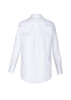 A white long sleeve button-up shirt with a collar and back pleat detail, featuring a logo on the fabric.