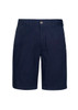 A pair of navy dress shorts with a button closure and front pockets. Features branding on the waistband.
