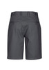 A pair of grey dress shorts featuring back pockets and a sleek design. Includes a logo.