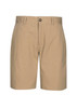 A pair of khaki dress shorts with a button closure and a branded logo on the waistband.
