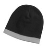A black beanie with a grey cuff at the bottom, featuring a brand logo.