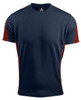 A navy blue T-shirt with red accents on the sleeves and sides. It features a logo on the collar.