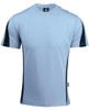 A light blue men's t-shirt with black accents on the shoulders and sides. It has a logo on the neckline.