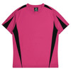 A pink T-shirt with black side panels and a logo on the neckline. Ideal for casual wear or activities.