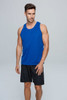A blue men's singlet is displayed on a model, paired with black shorts. The singlet features a logo.