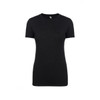 A women's tri-blend crew t-shirt in black, featuring short sleeves and a fitted style. It has a logo on the label.