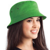 A green bucket hat with a wide brim, featuring ventilation eyelets and a branded logo.