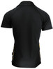 A black polo shirt with yellow accents, featuring a logo on one side and a classic design.