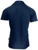 A navy blue polo shirt featuring side stripes, with a collar and short sleeves, displaying a logo on the side.
