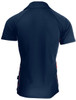 A navy blue polo shirt featuring side panels in contrasting colours and a logo on the back.