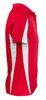 A red polo shirt with white side panels and a collar, featuring a logo on the front.