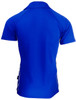 A blue polo shirt featuring a collar and contrasting side stripes, with a logo present on the fabric.