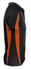 A black and orange polo shirt with short sleeves and a collar, featuring side stripe details.