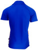 A blue men's polo shirt featuring a logo and contrasting side stripes. The back view highlights its sleek design.