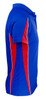 A blue polo shirt with red side panels and a logo on the chest.