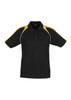 A black polo shirt with yellow accents on the shoulders and a collar, featuring a logo.
