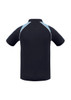 A black short sleeve polo shirt with light blue accents and a logo on the chest area.