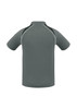 A grey short sleeve polo shirt featuring black accents and a logo on the chest.