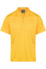A bright yellow men's polo shirt with a collar and a logo on the chest.