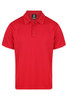 A red polo shirt with a classic collar and a logo on the chest area.