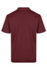 A maroon polo shirt displayed from the back, featuring a collar and short sleeves. It includes a logo.