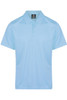 A light blue polo shirt with a collar and three buttons, featuring a logo on the tag.