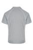 A grey polo shirt with contrasting white piping and a logo on the back.