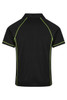 A black polo shirt featuring neon green piping and a logo on the back.