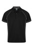 A black polo shirt with contrasting piping and a collar, featuring a logo on the front.