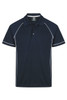 A navy polo shirt with white piping and a logo on the chest. Short sleeves and a classic collar design.