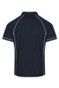 A navy polo shirt with white piping details, featuring a collar and short sleeves. It has a logo on the front.